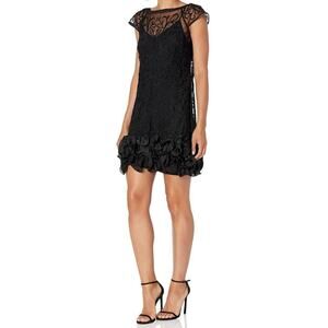 GUESS Dress Size 0 Black Lace Ruffled Hem Sheath Mini Cocktail Party Sheer NEW